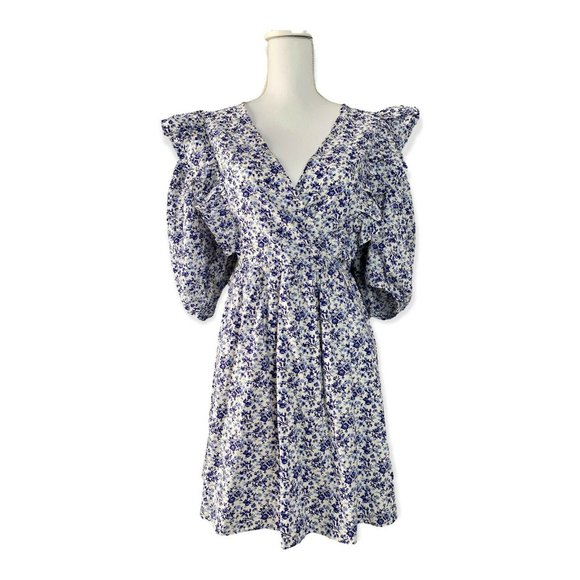 H&M Women’s Blue and White Floral Anglaise Puffed Sleeves Oversized Mini Dress M - Picture 1 of 11